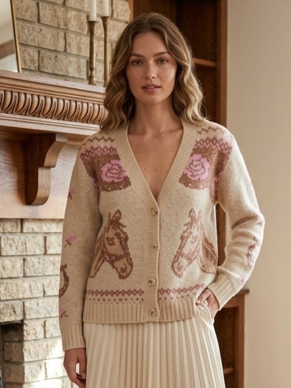 Haute Hippie Cream Cardigan with Pink & Brown Horse Intarsia